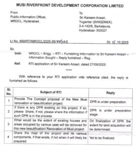 RTI seeks Musi project details; Telangana govt says DPR still under preparation